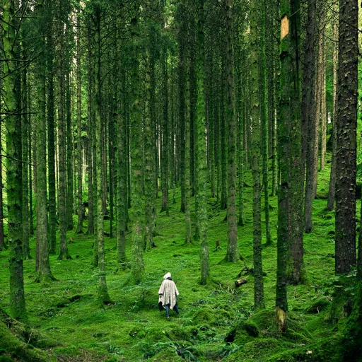 A person with light color poncho walking uphill in a green forest.